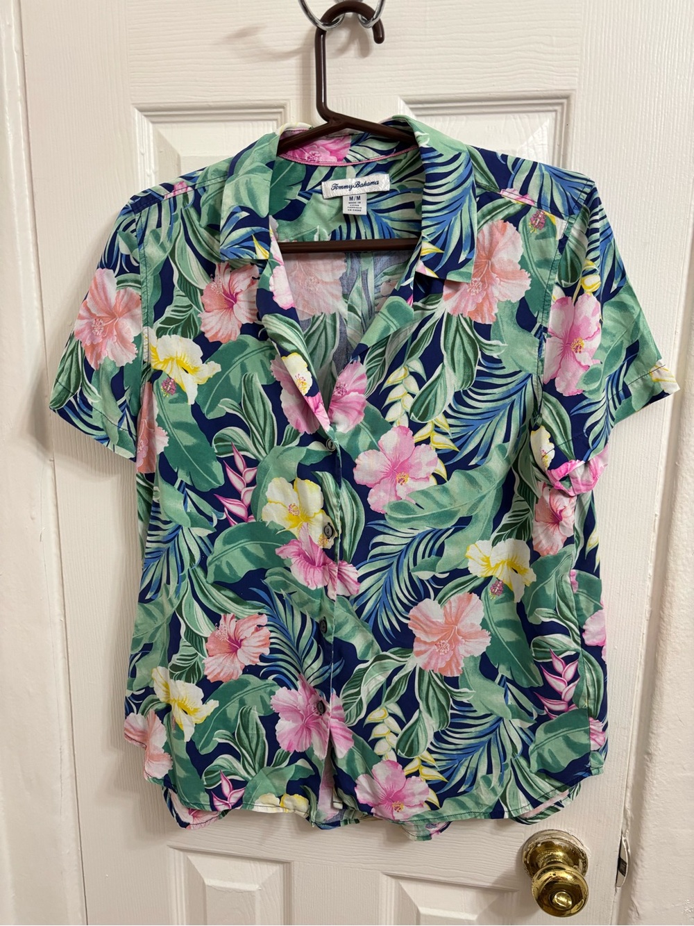 Tommy Bahama Green Tropical Floral Camp Shirt w/ Pink, Yellow Accents 100% silk